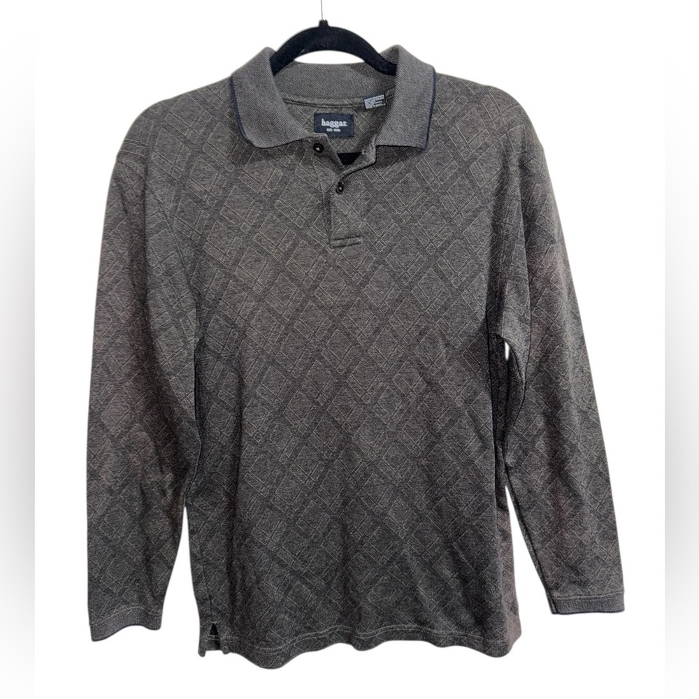 Haggar Long Sleeve Textured Polo Shirt Gray S